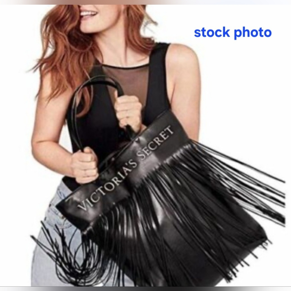 Victoria's Secret Limited Edition Black Faux Leather Flirty Fringe Bag.  NWT